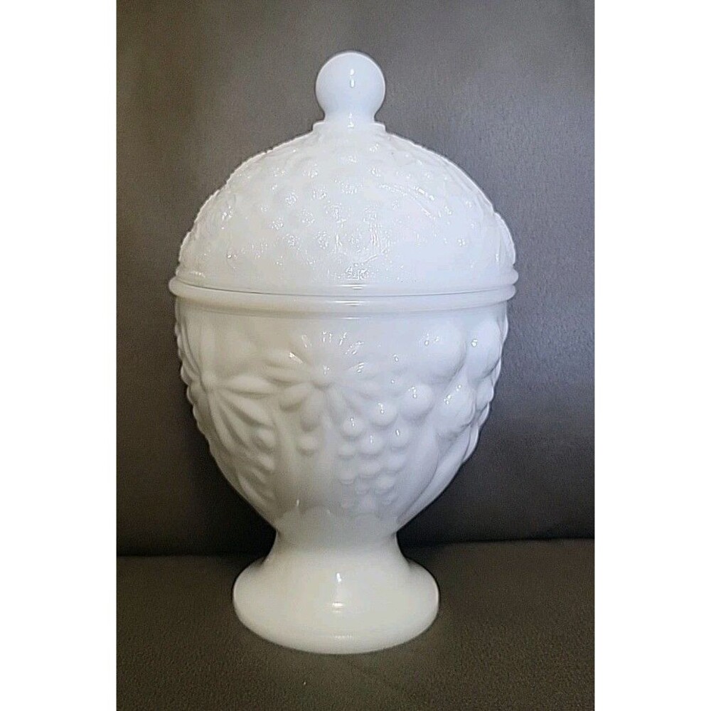 Avon Milk Glass Egg Shaped Jar w/ Lid - Jewelry - Candy Dish - Floral Design